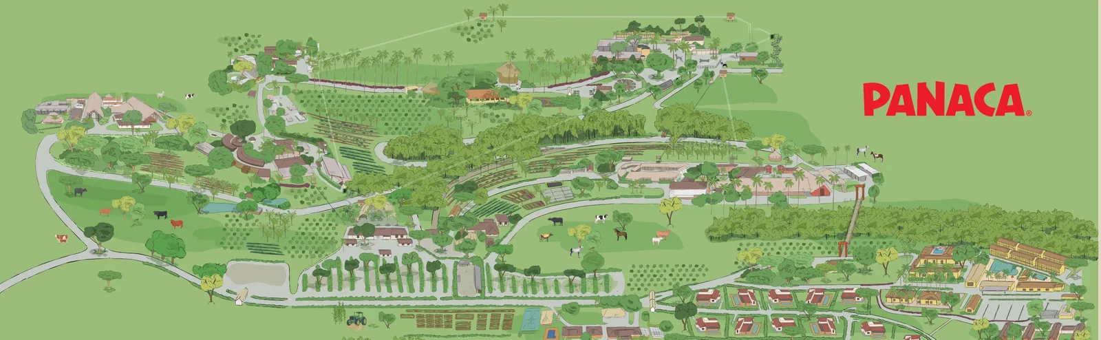 Ilustración del parque PANACA con sus estaciones, senderos y alojamientos